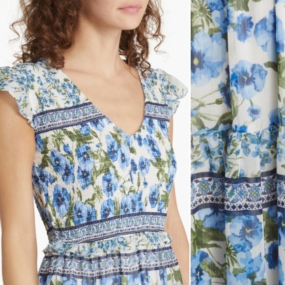 Moon River Floral Smocked Maxi Dress, Blue Multi, size XS NWT - Picture 2 of 6